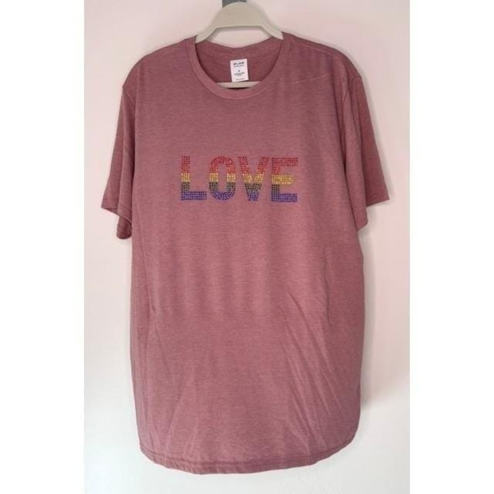 Love Rainbow Rhinestone‎ Graphic Tee Mauve Pink Short Sleeve T-Shirt XL